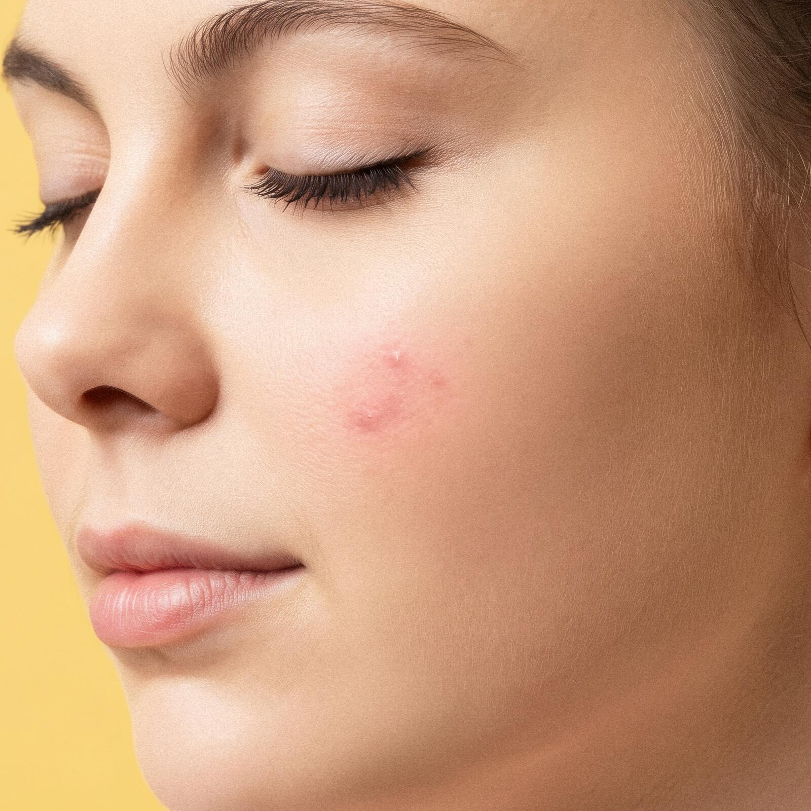 TND SEPT Blog 2 x2 What Your Acne-Prone Skin Actually Needs This Spring Close-up of a woman with a small breakout on her cheek.